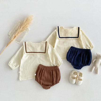 Newborn Baby Girls Boys Autumn Full Sleeve Navy Collar Top Tees Solid Bread Bottoms Infant Kids Pure Cotton Clothing Set 2pcs