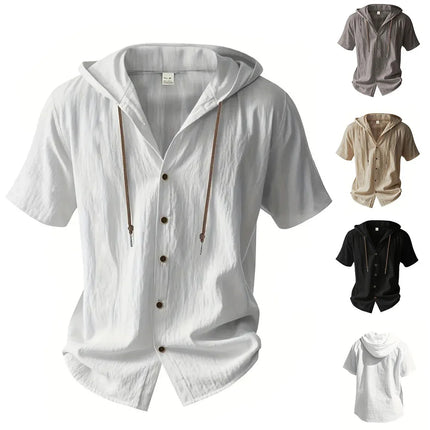 Men's Cotton Linen Shirt, Hooded, Short Sleeve, Solid Color, Breathable, Lightweight, Drawstring Design, Casual Basic Tees