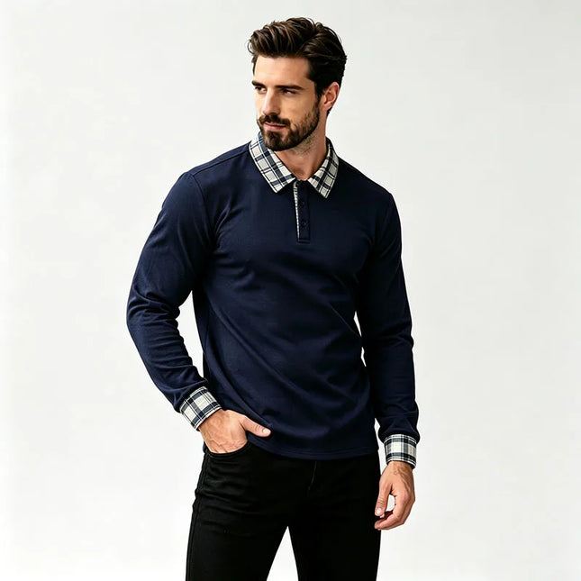 Men Waffle Knit Long Sleeve Polo Shirt Plaid Collar Breathable Daily Business Office Travel Holiday Walking Casual Tops