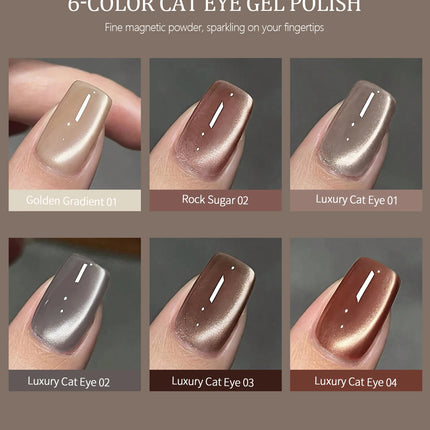 6pcs 15ml Luxury Coffee Cat's Eye Nail Gel Polish Set with Soak Off UV LED Cat Eye Gel Polish Manicure Nail Art Gift Kit
