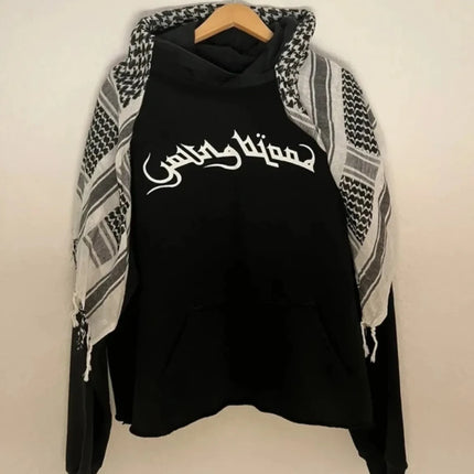 Arab Style Aesthetic Plaid Contrast Scarf Decorative Hoodie Autumn Winter Long Sleeved Letter Printing Loose Street Fashion Coat
