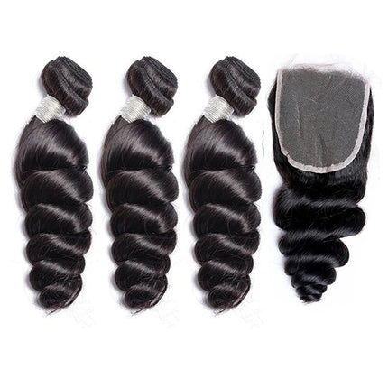 Beaufox Loose Wave Human Hair Bundles With Closure Indian Hair Weave 3/4 Bundles With Lace Closure Wavy Human Hair Extensions