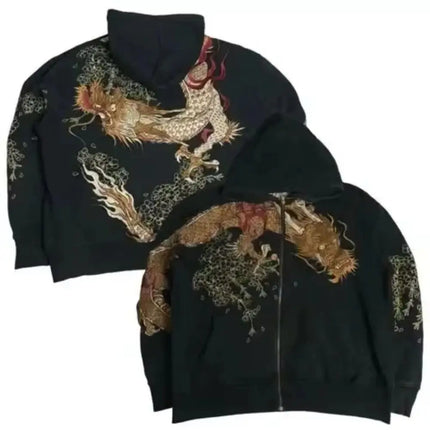 Trendy retro zipper hoodie Y2K men and women hip hop embroidery casual loose hoodie jacket cherry blossom dragon pattern
