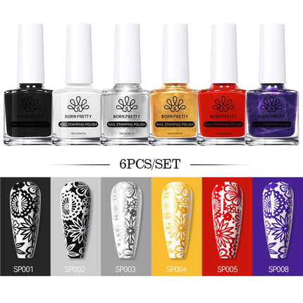 BORN PRETTY 4/6/8pcs Black White Nail Stamping Polish Varnish Set Kits Gold Silver for Nail Art Plates Stamp Oil Stamping Series