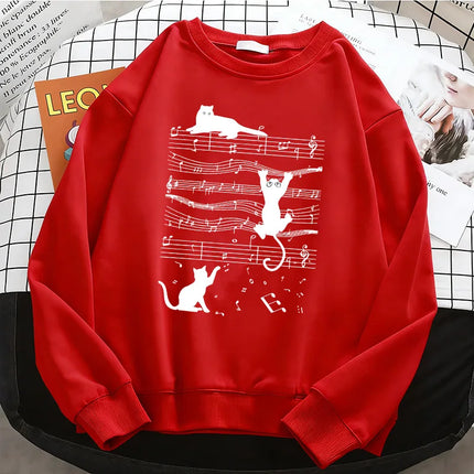 Japanese Style Music Cat Womens Solid Hoodies Basic Warm Fleece Sweatshirt Soft Streetwear O-Neck Pullover Casual Female Clothes