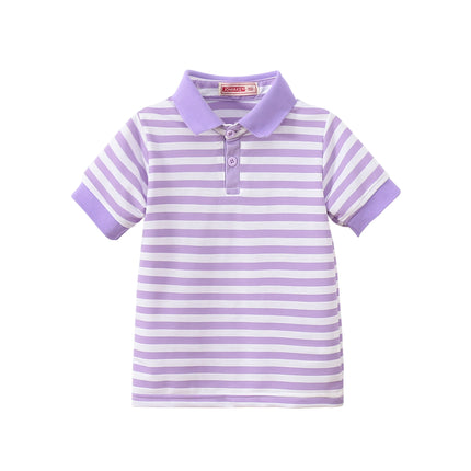 New short sleeved striped polo shirt for girls in summer, fashionable children's clothing for ages 1-9
