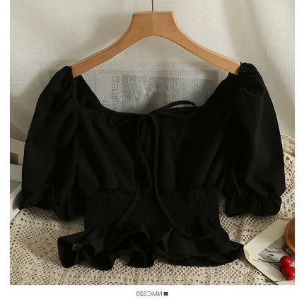 French Style Bubble Sleeve Shirt Women's Short Sweet Sensation Waist Cinched One Shoulder Top Polyester Blend Regular Sleeve