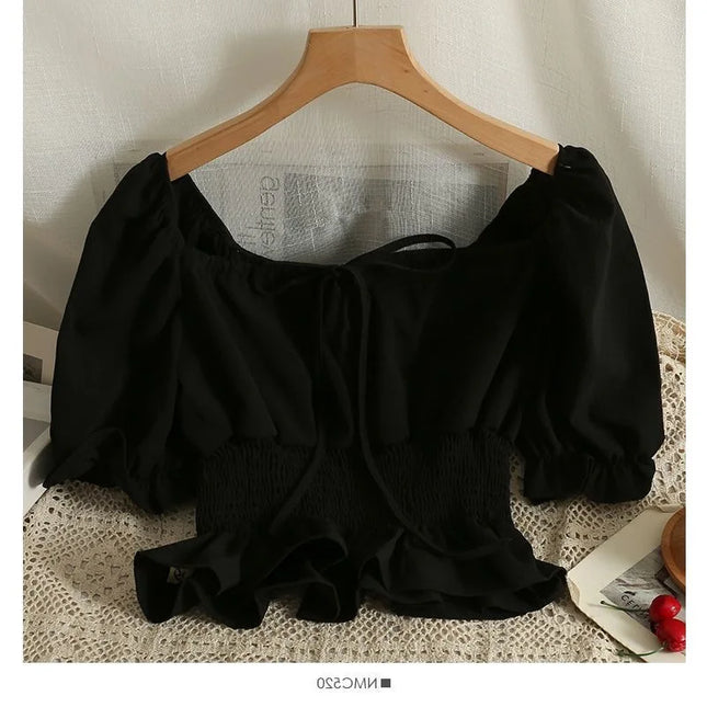 French Style Bubble Sleeve Shirt Women's Short Sweet Sensation Waist Cinched One Shoulder Top Polyester Blend Regular Sleeve