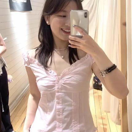 Brandy Girl Spicy Girl Pleated Bubble Sleeve T-shirt Pure Desire Slim Fit Women's Tianna Top Cotton Short Sleeve V-neck
