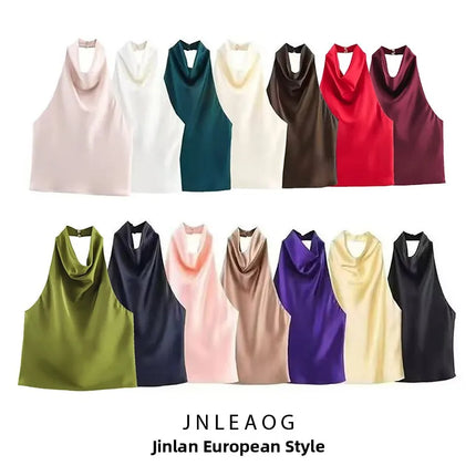 JNLEAOG Autumn New Women's Fashion Design Silk Satin Feel Hanging Neck Dress European Sleeveless Slim Fit Polyester Velvet