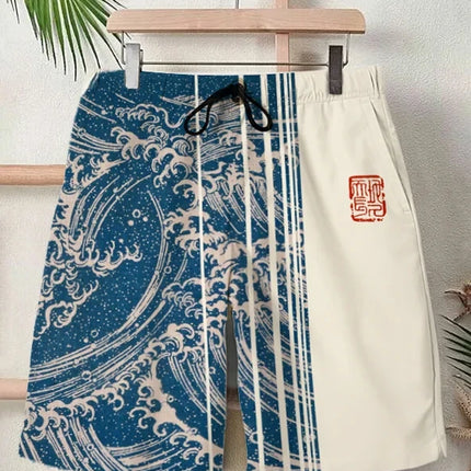 2025 Summer New 3D Japanese Wave Print Men's Street Hip-Hop Casual Shorts Men's Summer Swim Shorts Drawstring Casual Shorts