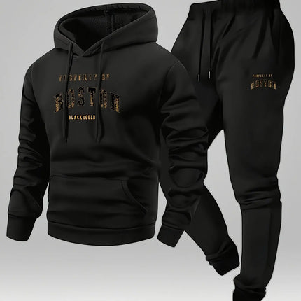 Men's Boston print hooded sweatshirt and sweatpants soft and comfortable thin warm sweatpants set autumn and winter