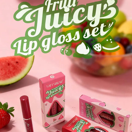 Fruit Cherry Strawberry Liquid Lipstick Makeup Kit Non Stick Cup Colorfast Long Lasting Velvet Matte Peach Lip Gloss Set 3pc/set