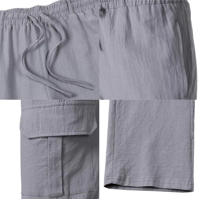 New Men'S Casual Trousers Loose Comfortable Cargo Pants Pants Cotton Linen Multi-Pocket Straight Trousers Beach Thin Men Pants