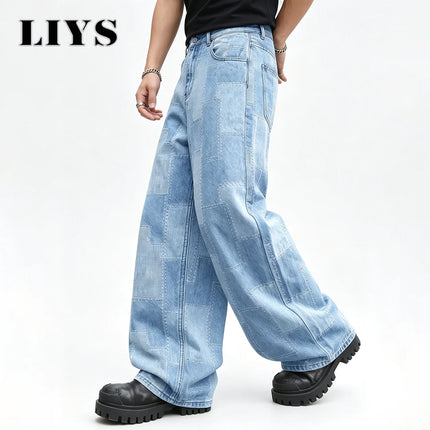 LIYS Men's Geometric Grid Jacquard Beggar Cloth Loose Wide Leg Jeans Retro Street Denim Pants Suitable for Work Casual Wear
