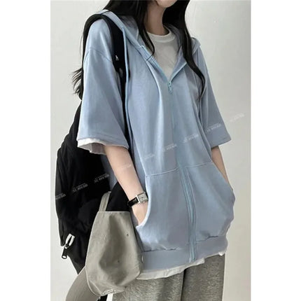 Women's Half Sleeve Zip Up Hoodie Loose Fit Casual Oversized Hooded Sweatshirt with Pockets