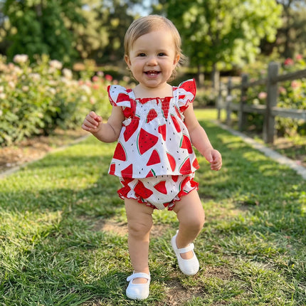 Baby Girl Summer 2Pcs Outfits Watermelon/Sunflower/Ocean Print Ruffled Trim A-Line Flying Sleeve Square Neck Tops and Shorts Set