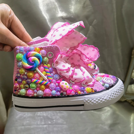 Random Lollipop Rainbow Candy Canvas Simulation DIY Kids Pearls Sneakers For Girl Birthday Party Dollbling Handmade Bling Shoes