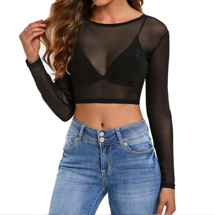 Sexy Women T Shirt See Through Mesh Tops Transparent Sheer Slim Ladies Tee Tops Sunscreen Tops Long Sleeve Bottoming Shirts Hot