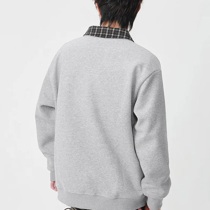 Retro Plaid Polo Neck Sweatshirt for Men and Women Heavyweight Cotton Soft Fake Two-Piece V-Neck Long Sleeve
