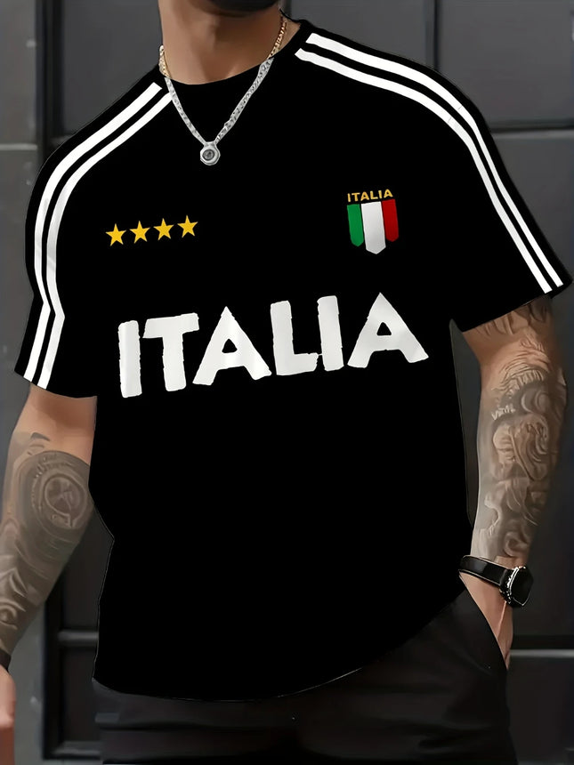 Men's Crew Neck T-shirt With "ITALIA" Print Soft And Breathable Suitable For Outdoor Sports Casual Wear And Holiday Celebrations