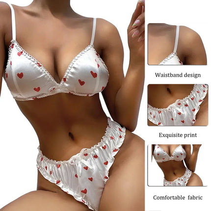 Sexy Cute Satin Heart Print Bra Set For Girls Women Strap Lingerie Summer Wire Free Lingerie Underwear Two Piece Female Bra Set