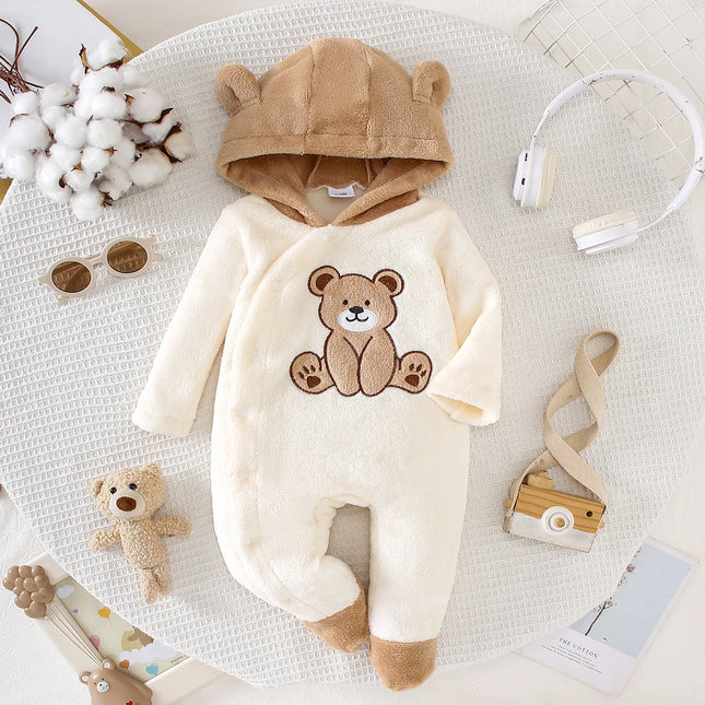 Autumn Winter Baby Bear Onesie with Hat Soft Plush Fabric Warm Cute Heated Footed Suit with Head Protection Bear Ear Design Infa