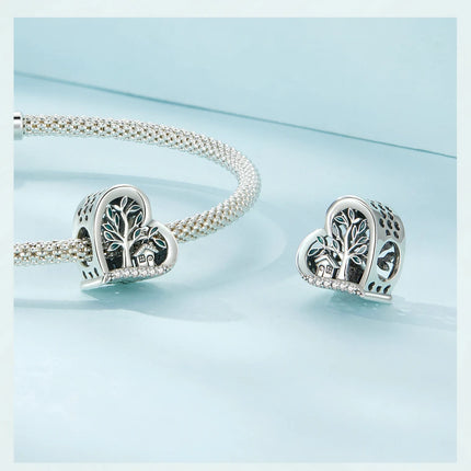 Bamoer 925 Sterling Silver Green Transparent Clover Beads The Tree of Life Family Pendant Plant Charms for Women Necklace DIY