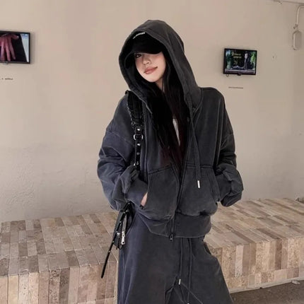 2025 New Women Loose American Zip Hoodie Washed Vintage Black Grey Autumn Winter Fashion Casual Streetwear
