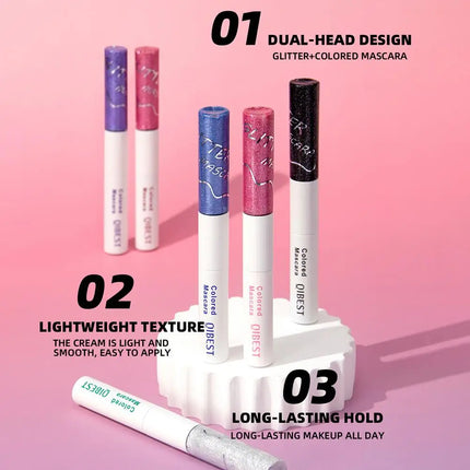 QIBEST Double-Ended Diamond Glitter Mascara Lasting Colored Mascara Eyelashes Pink Blue Green Red Voluminous Mascara Rimel