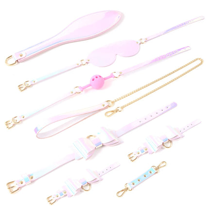 Shining Colorful Bondage Kit Kinky Restraints Set Bow Handcuff SM Collar Spanking Paddle Mouth Ball Gag Blindfold Erotic Toys