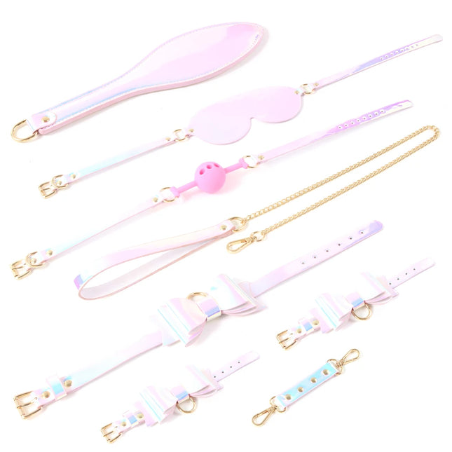 Shining Colorful Bondage Kit Kinky Restraints Set Bow Handcuff SM Collar Spanking Paddle Mouth Ball Gag Blindfold Erotic Toys