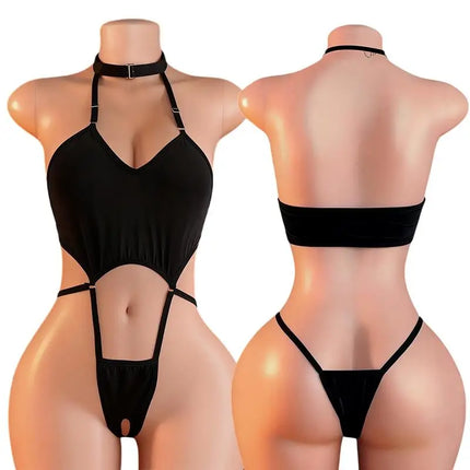 Erotic Open Bra Lingerie Crotchless Underwear Sexy Costume Deep V Open Hollow Bodysuit Hanging Neck Baby Doll Dress Cosplay Set