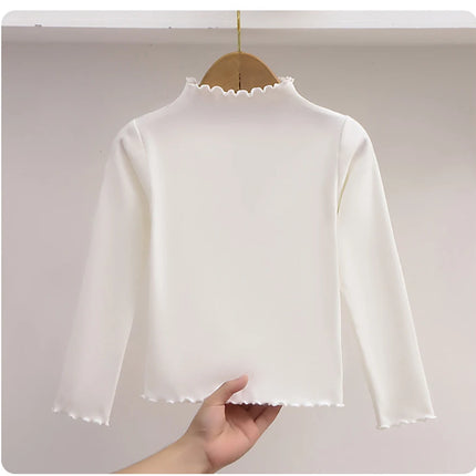 Girls' Long-Sleeve T-Shirt with Ruffle Edges, Soft and Warm Fashion Solid Color Tops, Cute Spring Autumn Casual Shirt for Kids