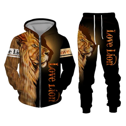 Men's Zip Hoodie Tracksuit Full Hoodies Set Lion Graphic Zipper 2 Piece Hooded Sports Outdoor Casual Sports 3D Print Streetwear
