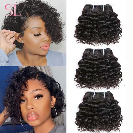 Brazilian Deep Wave Human Hair Bundles Bouncy Curly Hair Extensions for Women Short Curly Human Hair Bundles Hair Weaves 6inch