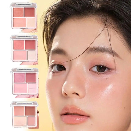 4-Color Pink Peach Blush & Highlighter Palette - Matte Cream Powder, Brightening Color-Boosting Cheek Makeup Rouge