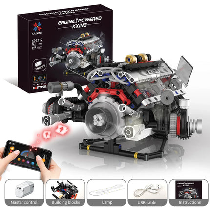 K96212 664pcs F+1 Supercar Engine Building Blocks V8 Simulation DIY Model LED Light & APP Control Programming Motor Drive Bricks