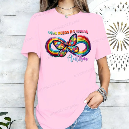 Love Needs No Words Autism Awareness T-Shirts, Infinity Butterfly Rainbow Graphic Tee, Support Neurodiversity, April Autism Gift