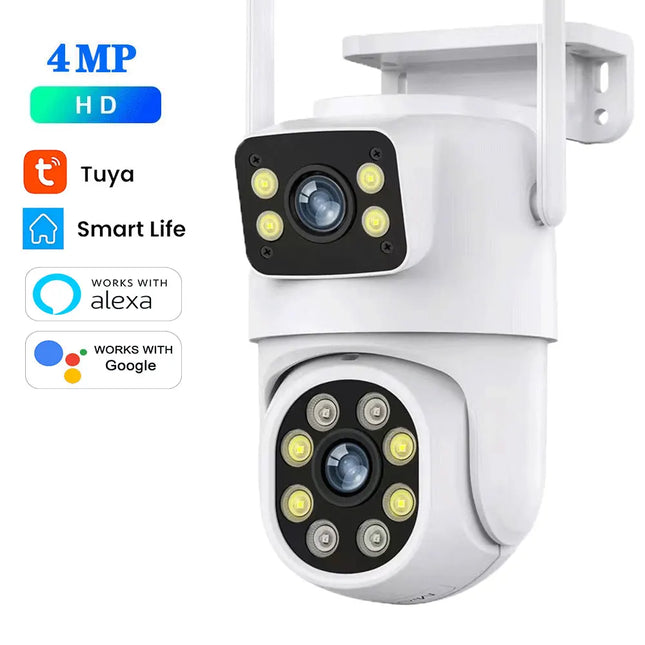 4K 8MP Tuya Dual Lens WIFI Camera PTZ Outdoor Dual Screen AI Human Auto Tracking Security Camera Surveillance with Alexa Google