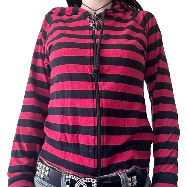 Y2K Striped Zip Up Hoodies Sweatshirts for Women E-girl Gothic Emo Mall Goth Sweatshirts 2000s Retro Harajuku Jackets Streetwear