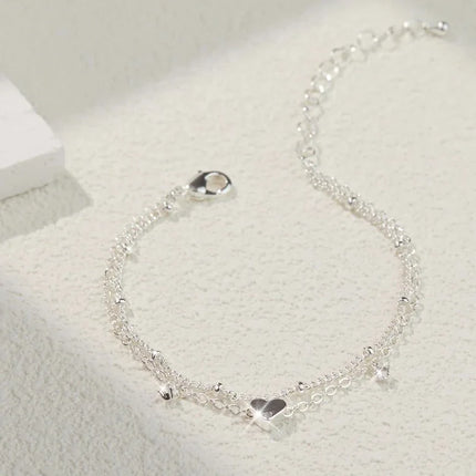 Dainty Layered Silver Anklet with Heart Charm - Elegant CZ Bracelet for Women, Waterproof & Trendy Gift