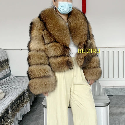BEIZIRU Women's Real Raccoon Fur Coat Winter Long Sleeve Hooded Jacket with Turndown Collar Natural Luxury Thick Top