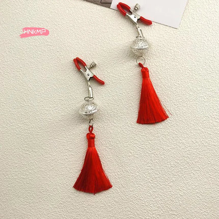 1 Pair Metal Bells Nipple Clamps with Tassel Nipple Ring for Flirting Teasing Exotic Breast Enlargement Accessory