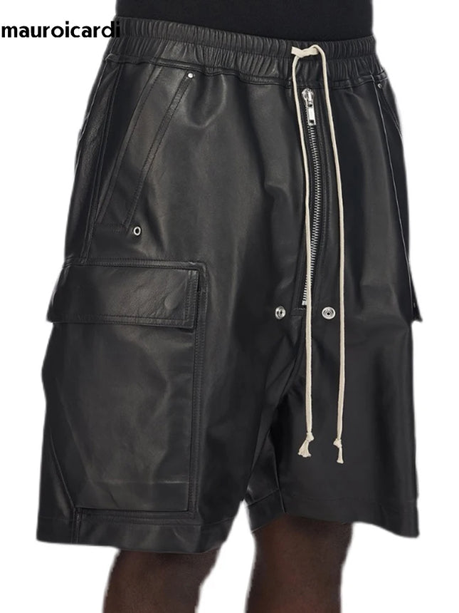Mauroicardi Summer Cool Handsome Casual Soft Black Pu Leather Straight Shorts for Men Elastic Waist Drawstring Clothes 2023