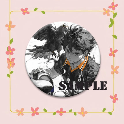 Round Snap-in Brooches Anime Haikyuu Lapel Pins Hinata Shoyo Tobio Kageyama Yu Nishinoya Cartoon Badge Backpack Accessories Gift