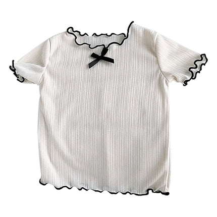 Girls' Ice Silk T-shirt Korean Style Short Sleeve Tops Children's Clothes 2025 Girl Summer Teen Kids Bow Round Neck Solid Tops