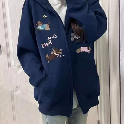 Classics Sweet Cute Gentle Cartoon New Puppy Embroidery Zip Up Hoodie Women Jacket Lined Loose Casual Sweatshirt for Women