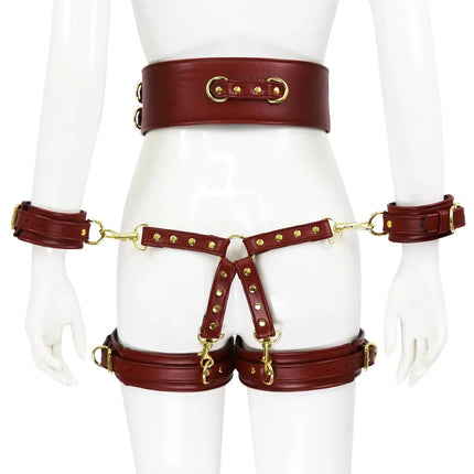 Professional BDSM Red Leather Harness Set Collar Handcuffs Restraint Kit for Women Slave Role Play Fetish Gear Adult Game Toy