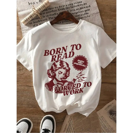 Women's Born To Read Compulsion Work Pattern T-Shirt Retro Book Lover Design Women's Illustration Crew Neck Short Sleeve